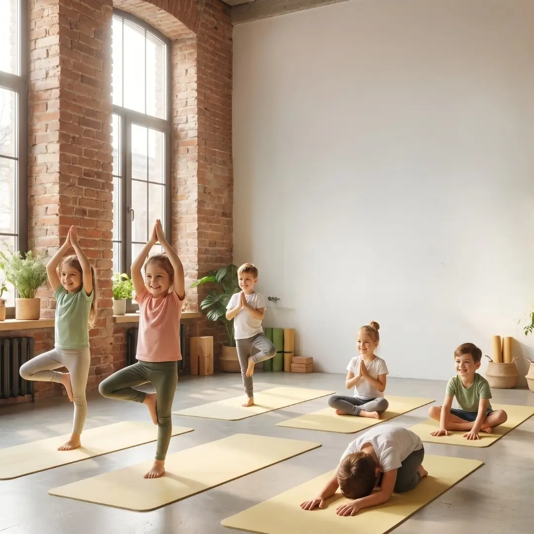 Crianças em atividade de yoga kids com movimentos lúdicos